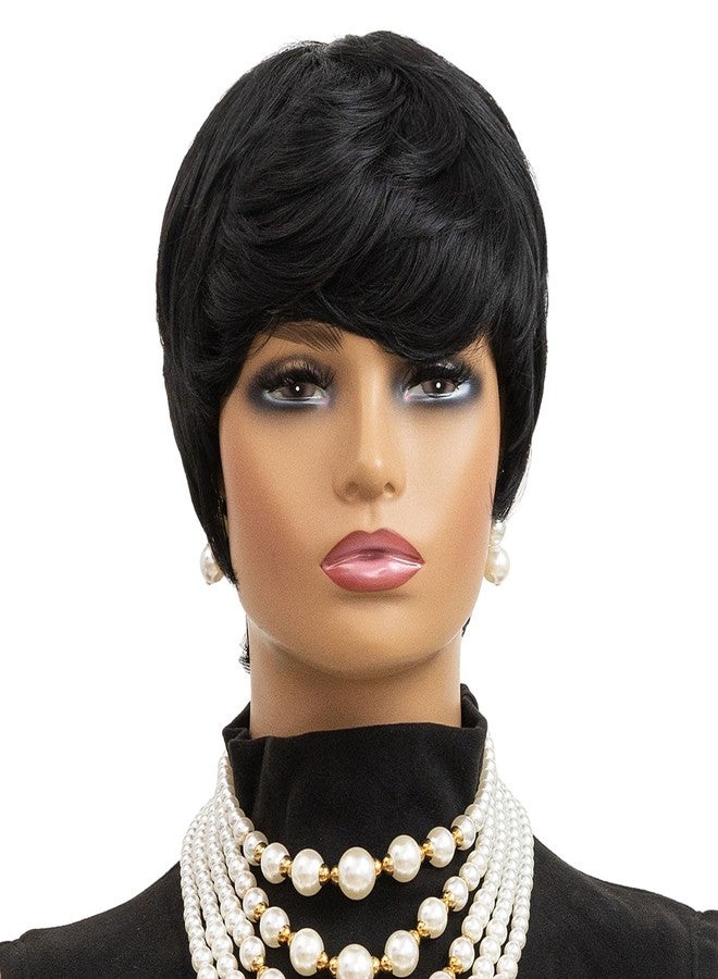 MOONSHOW Short Wigs for Black Women Pixie Cut Wig Black Short Hair Pixie Wigs for Black Women Straight Bowl Cut Wig Black Pixie Wigs With Bangs Short Curly Wigs - Image 2